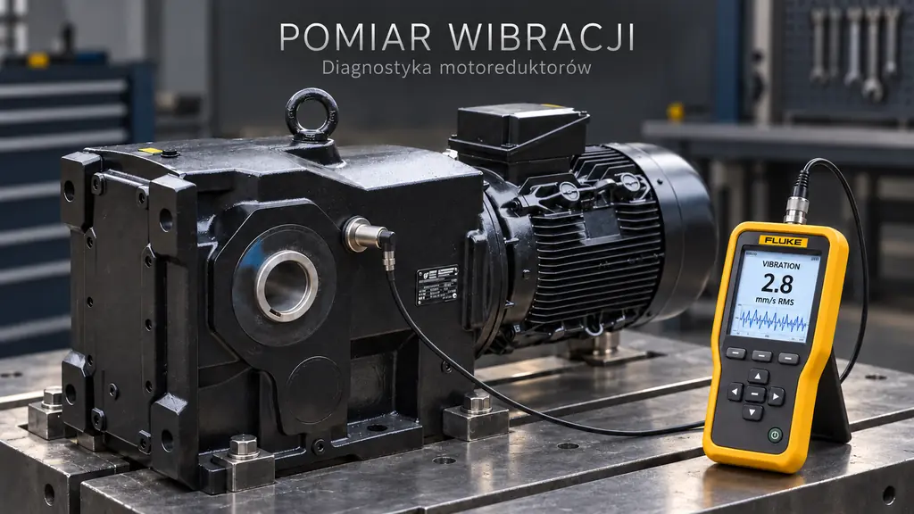 Pomiar wibracji motoreduktora NORD – czujnik drgań na obudowie przekładni i miernik pokazujący 2,8 mm/s RMS